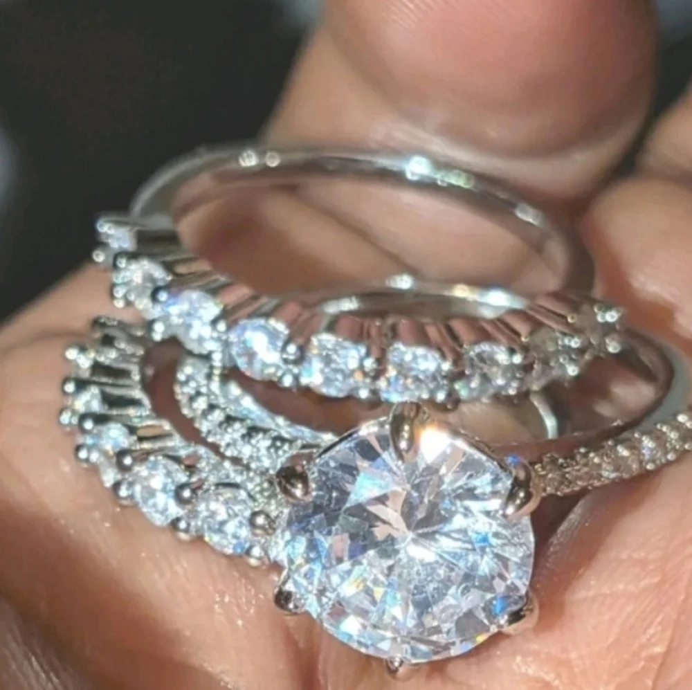 Shimmering 5ct Round Cut Moissanite Trio Silvery Bridal Wedding Ring Set